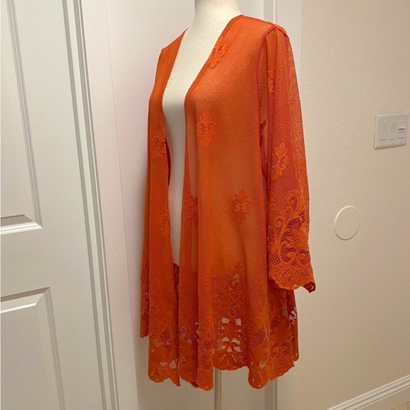 Paper + Tee Sheer Mesh Kimono Open Front Scalloped Embroidered Lace Orange 1X - Picture 2 of 12